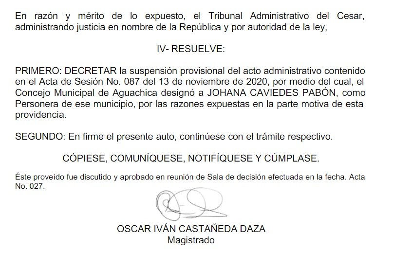 Tribunal Administrativo suspende elección de personera de Aguachica | RTA Noticias