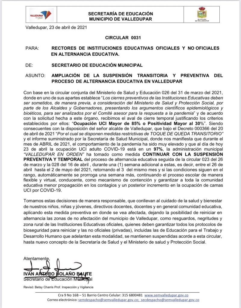 Suspenden alternancia educativa en Valledupar hasta el mes de mayo | RTA Noticias