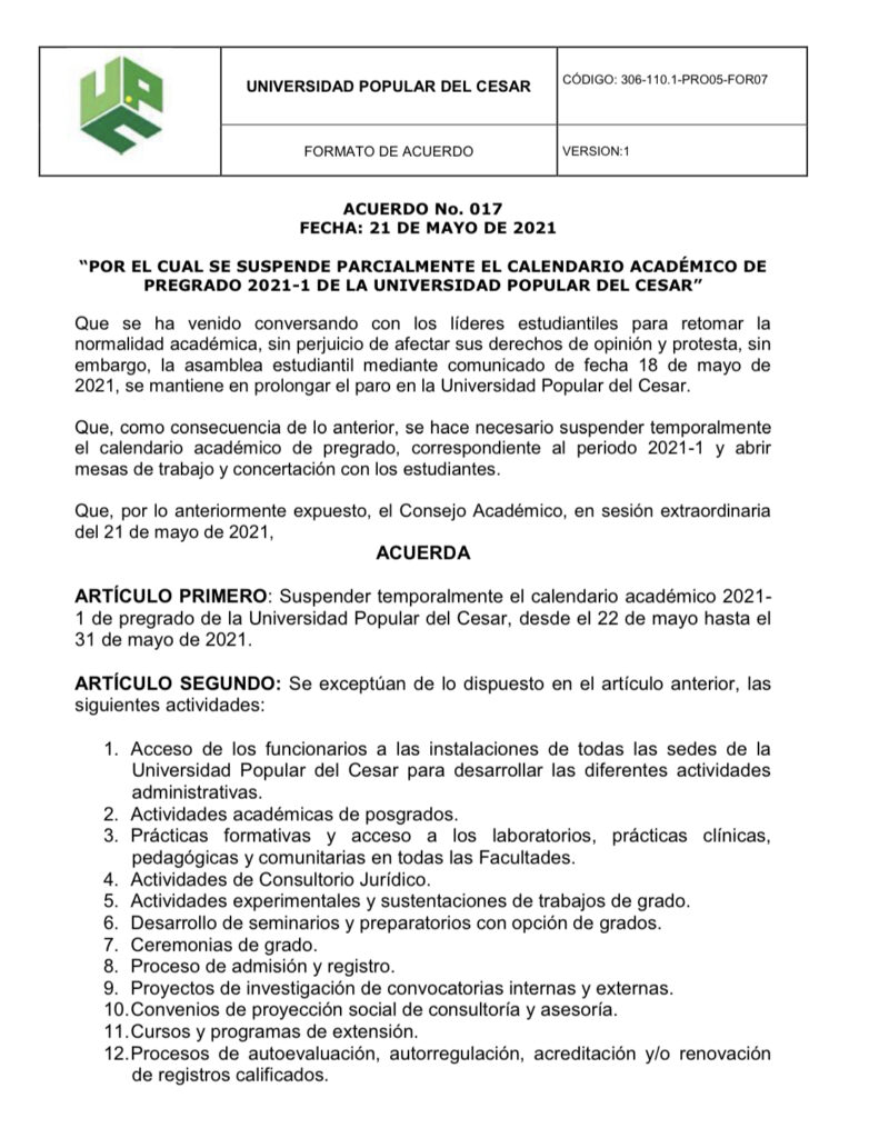 Suspenden clases en la Universidad Popular del Cesar hasta el 31 de mayo | RTA Noticias