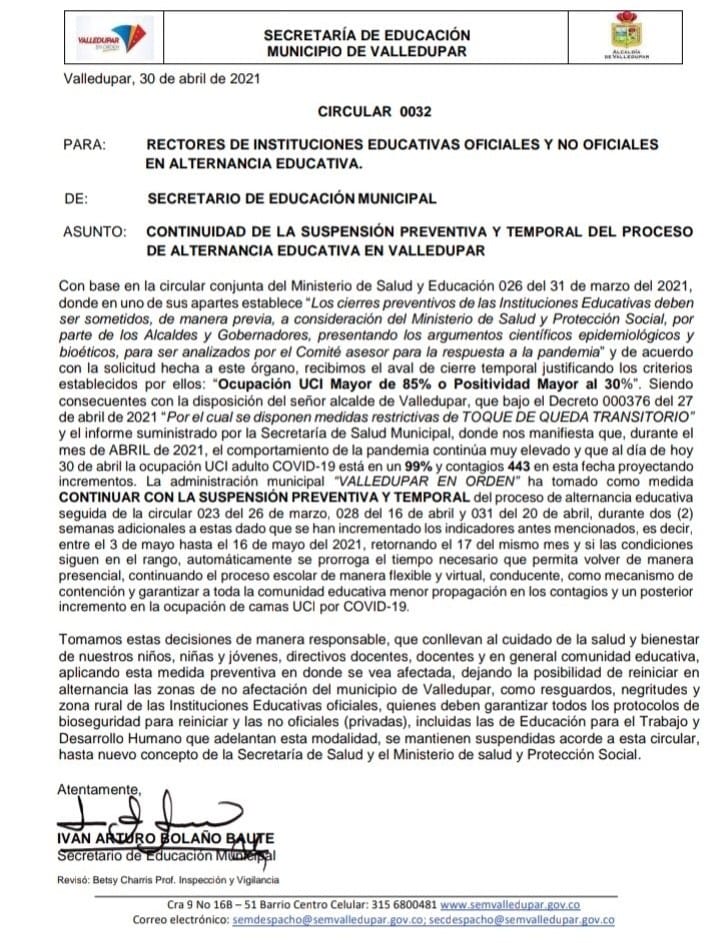 Continuará suspendida la alternancia en colegios de Valledupar Continuará suspendida la alternancia en colegios de Valledupar | RTA Noticias