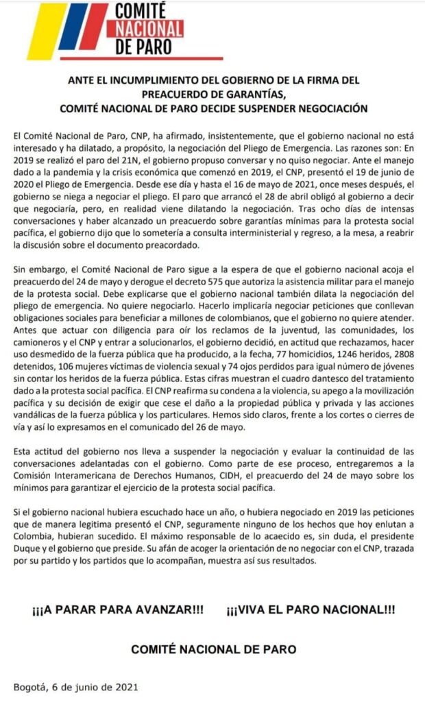 Comité del Paro se levantó de la mesa de negociación con el Gobierno | RTA Noticias