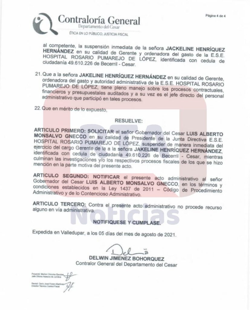 Contralor Delwin Jiménez, suspende a gerente del Rosario Pumarejo | RTA Noticias