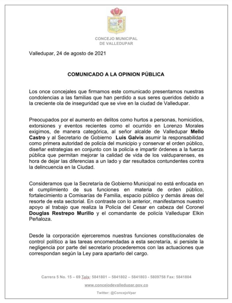 Once Concejales se pronunciaron ante inseguridad en Valledupar | RTA Noticias