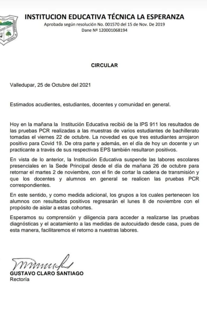 Colegio La Esperanza cesa presencialidad por Covid-19 | RTA Noticias