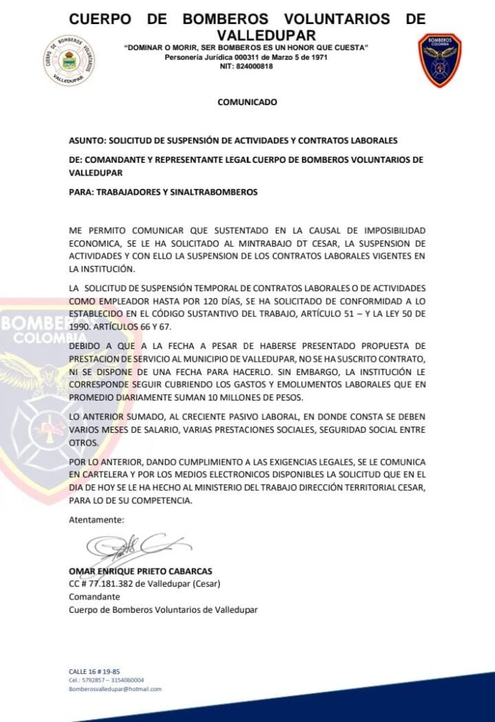 Cuerpo de Bomberos de Valledupar, suspende labores | RTA Noticias