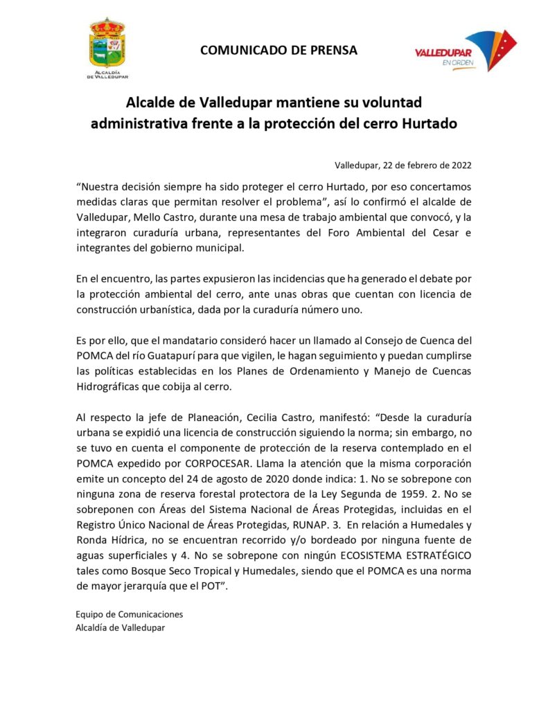 Alcaldía de Valledupar presenta comunicado sobre cerro Hurtado Alcaldía de Valledupar presenta comunicado sobre cerro Hurtado | RTA Noticias