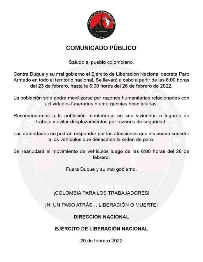 ELN anuncia paro armado nacional de 72 horas | RTA Noticias