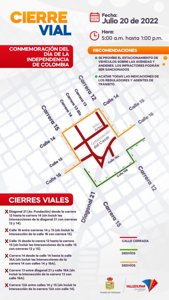 Cierres viales durante la celebración del 20 de julio en Valledupar | RTA Noticias