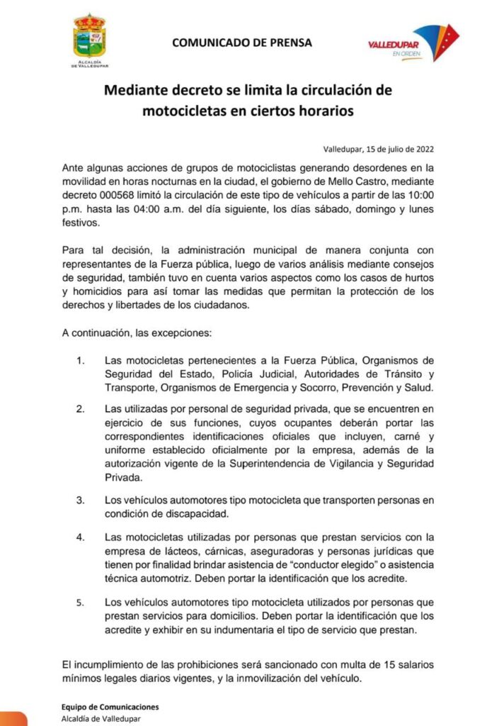 Emiten decreto que regula circulación de motos en Valledupar | RTA Noticias