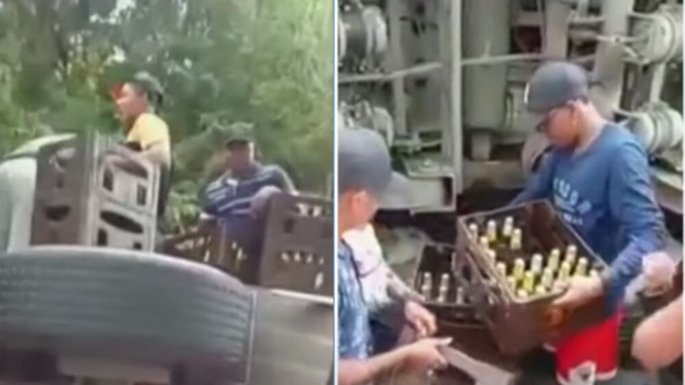 Habitantes roban camión de cerveza que se accidentó descarga