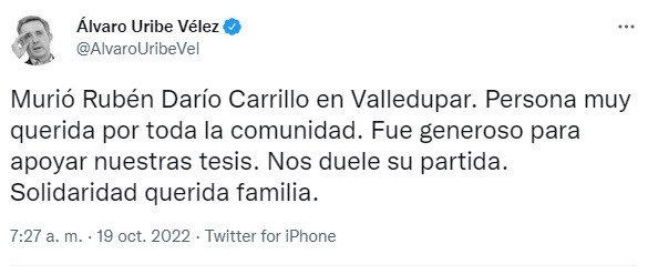 El último trino en Twitter de Rubén Darío Carrillo | RTA Noticias