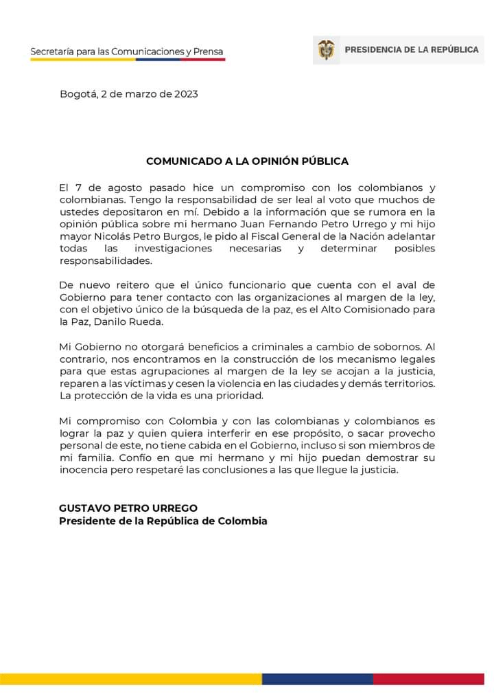 Petro solicita a la Fiscalía investigar a su hijo y a su hermano Petro solicita a la Fiscalía investigar a su hijo y a su hermano | RTA Noticias
