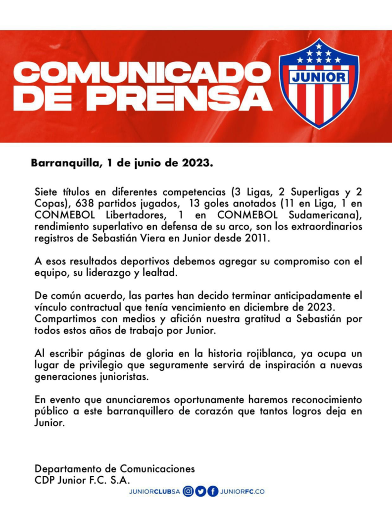Oficial: Sebastián Viera le dice adiós al Junior | RTA Noticias