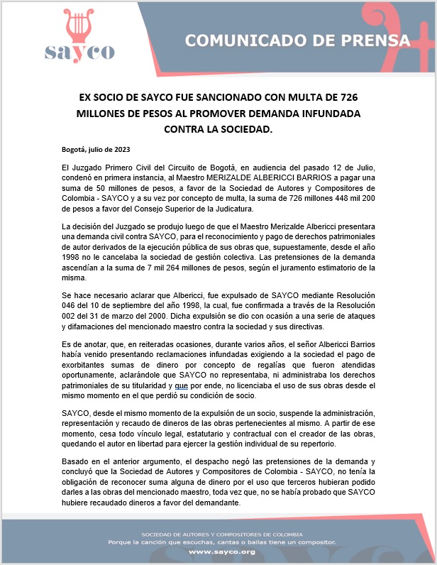 Ex socio de SAYCO fue sancionado con millonaria multa | RTA Noticias