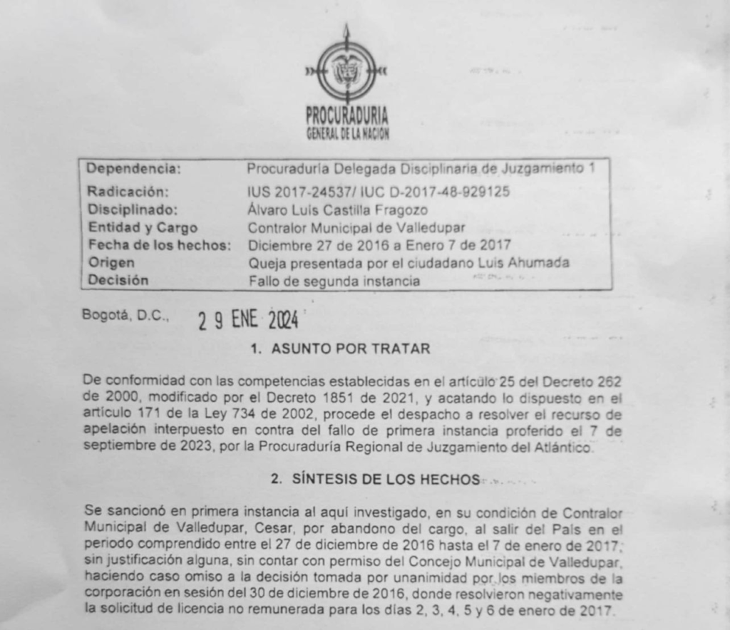 Reducen sanción a excontralor de Valledupar por salida del país | RTA Noticias