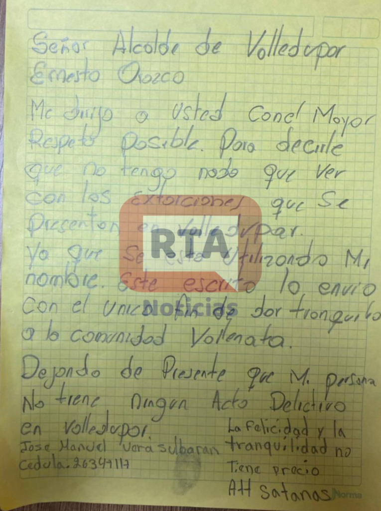 Alias 'Satanás' le envió una carta a Ernesto Orozco Alias 'Satanás' le envió una carta a Ernesto Orozco | RTA Noticias