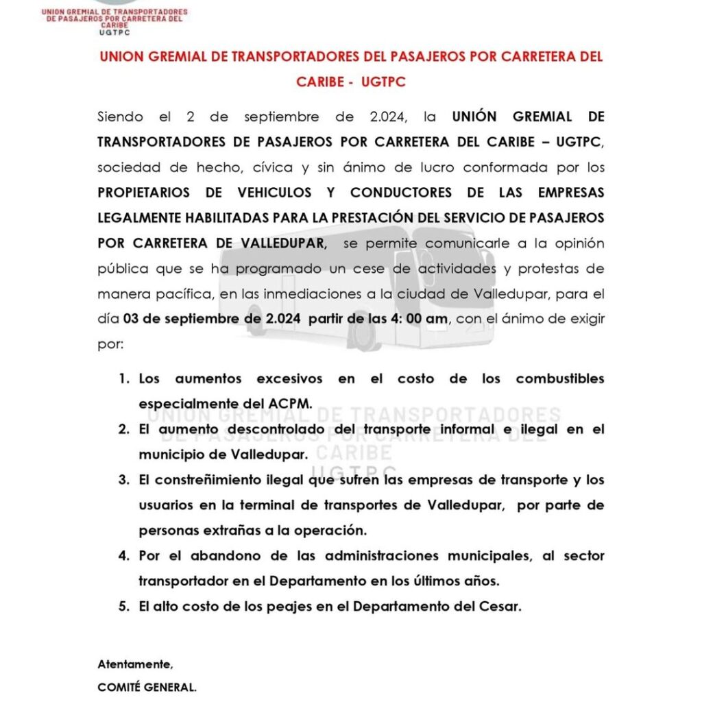 Transportadores de Valledupar anuncian protestas pacíficas | RTA Noticias