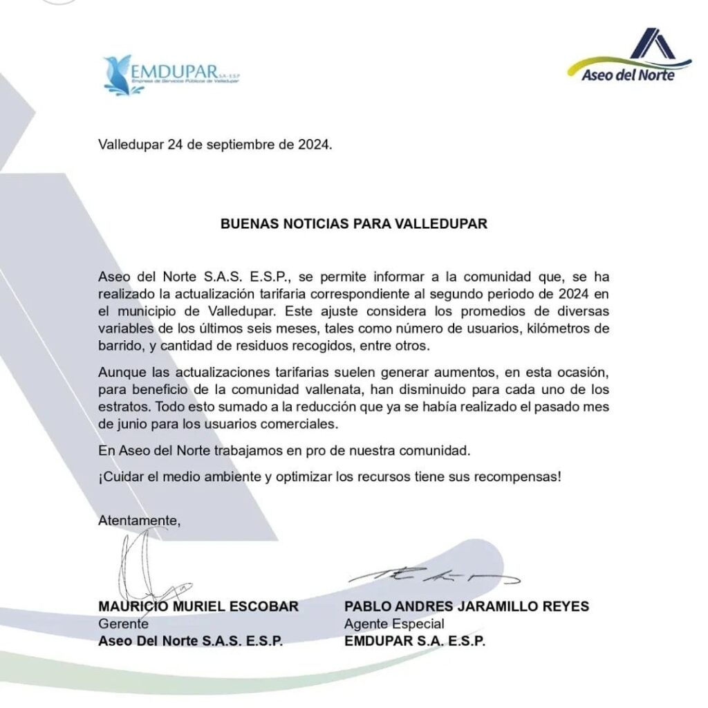 Anuncian reducción en tarifas de aseo en Valledupar | RTA Noticias