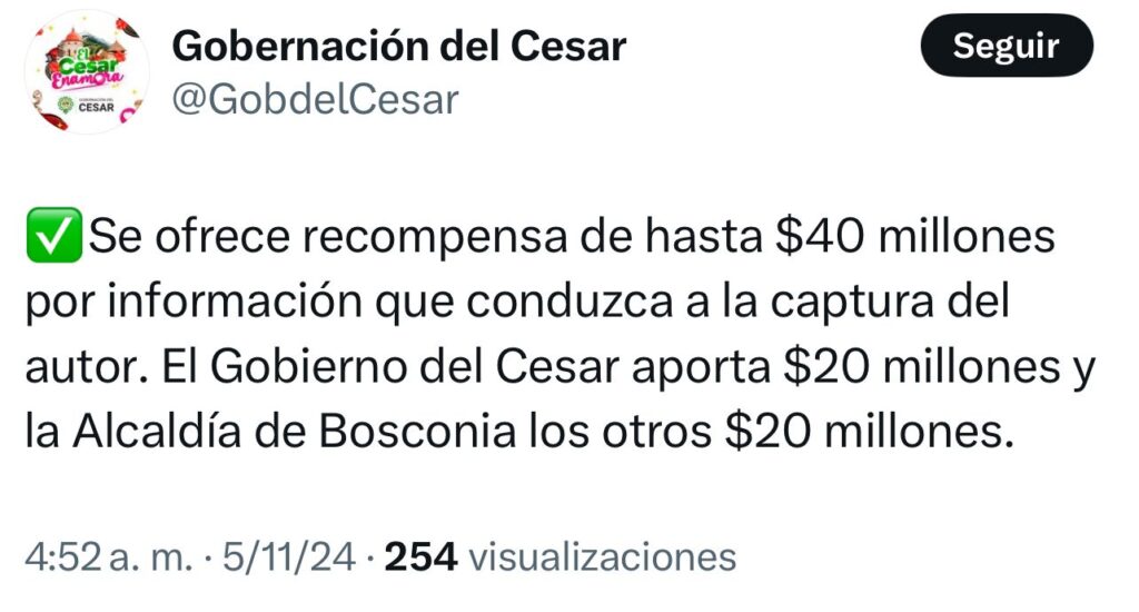 Ofrecen 40 millones de pesos por información sobre el asesinato de joven en Bosconia Ofrecen 40 millones de pesos por información sobre el asesinato de joven en Bosconia | RTA Noticias