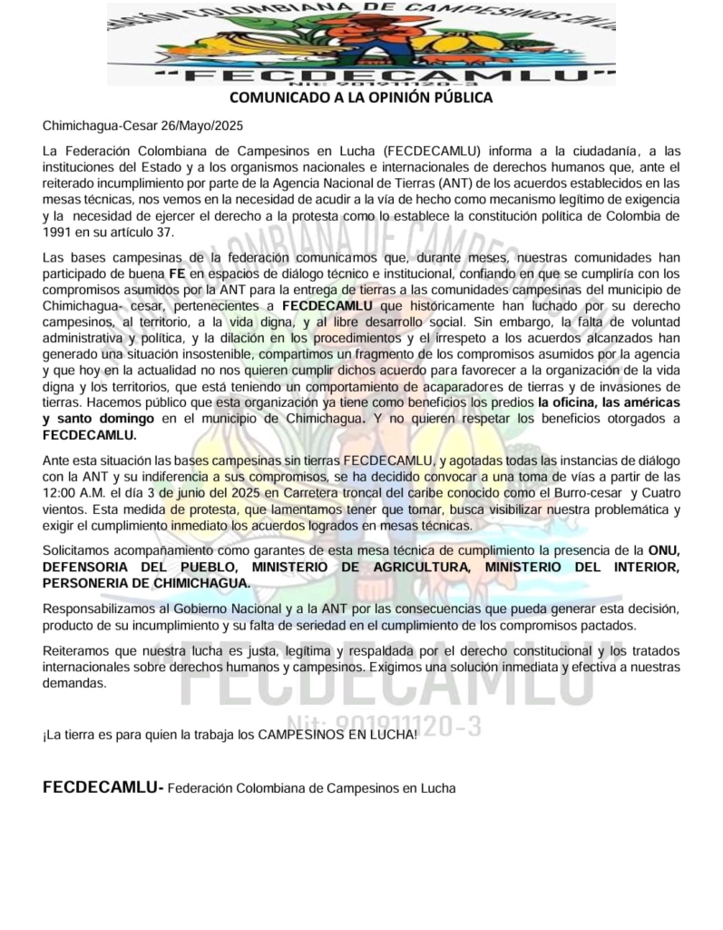 Campesinos anuncian bloque vial en el Cesar | RTA Noticias