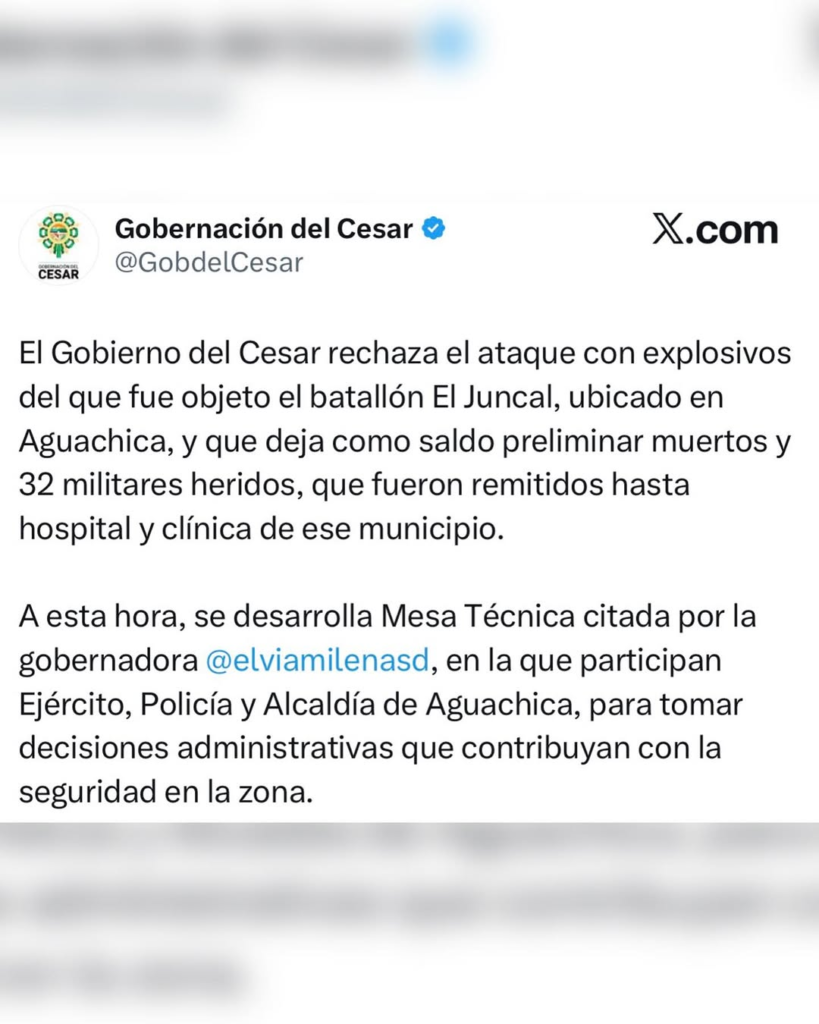 Gobierno del Cesar rechaza atentado en Aguachica Gobierno del Cesar rechaza atentado en Aguachica