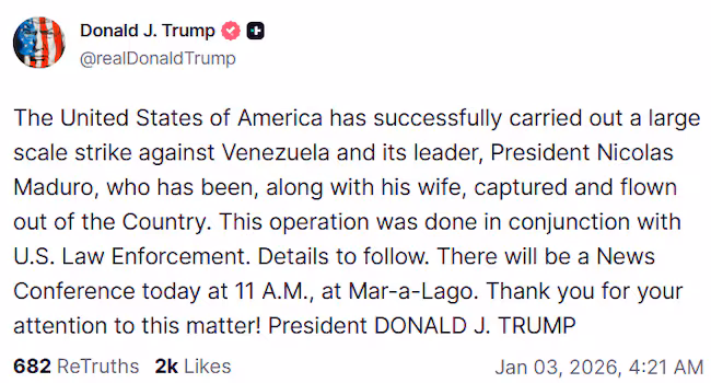 Capturado Nicolás Maduro por gobierno de Estados Unidos tw DONAL TRUMP