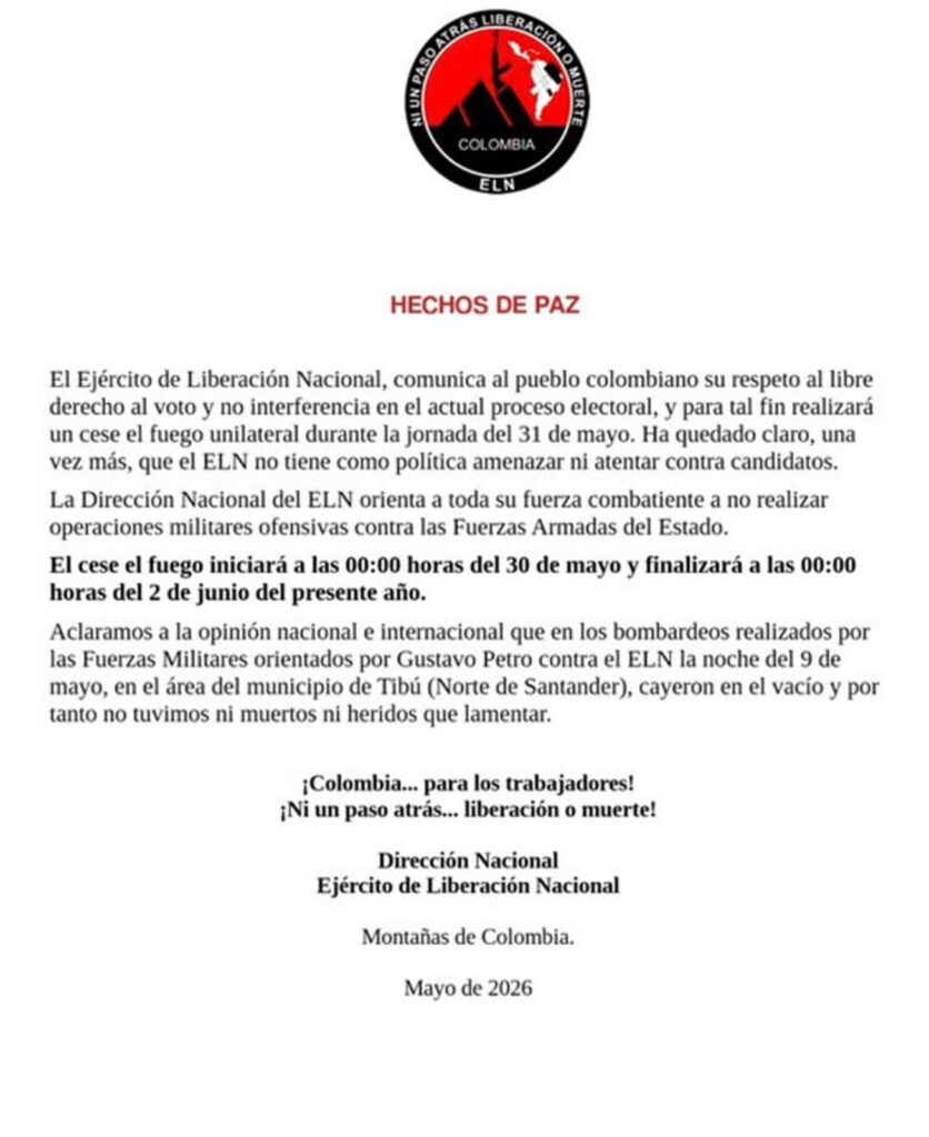 ELN suspende acciones armadas por elecciones presidenciales en Colombia. eln comunicado