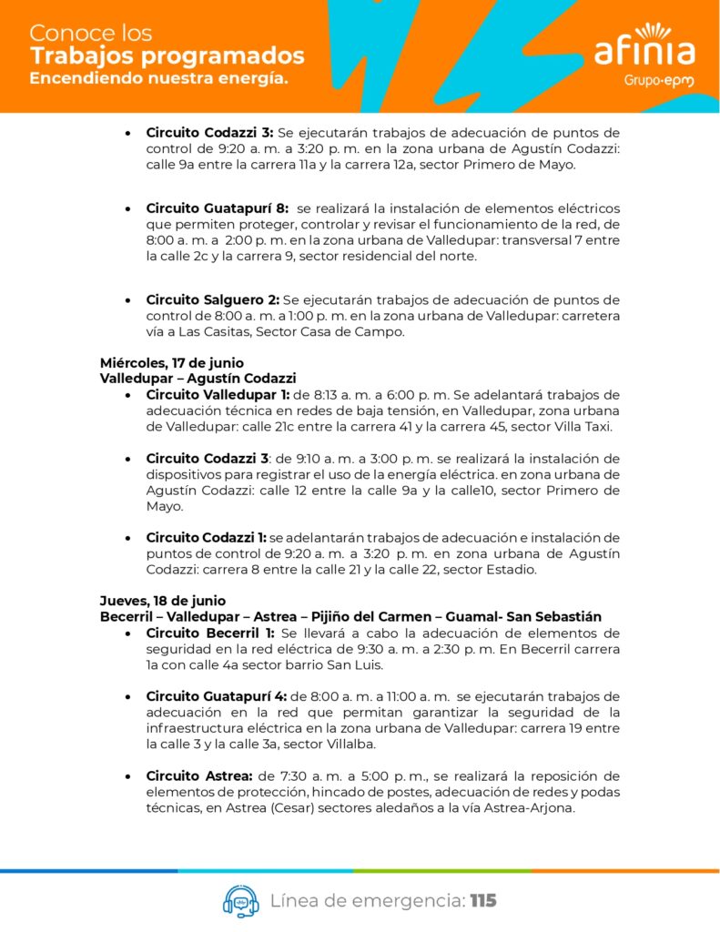 Afinia realizará trabajos de mantenimiento y adecuación eléctrica en Valledupar y municipios del Cesar 3. Más tecnología, mayor capacidad y mejores condiciones para impulsar el desarrollo de la región. 16 18 de junio page 0003