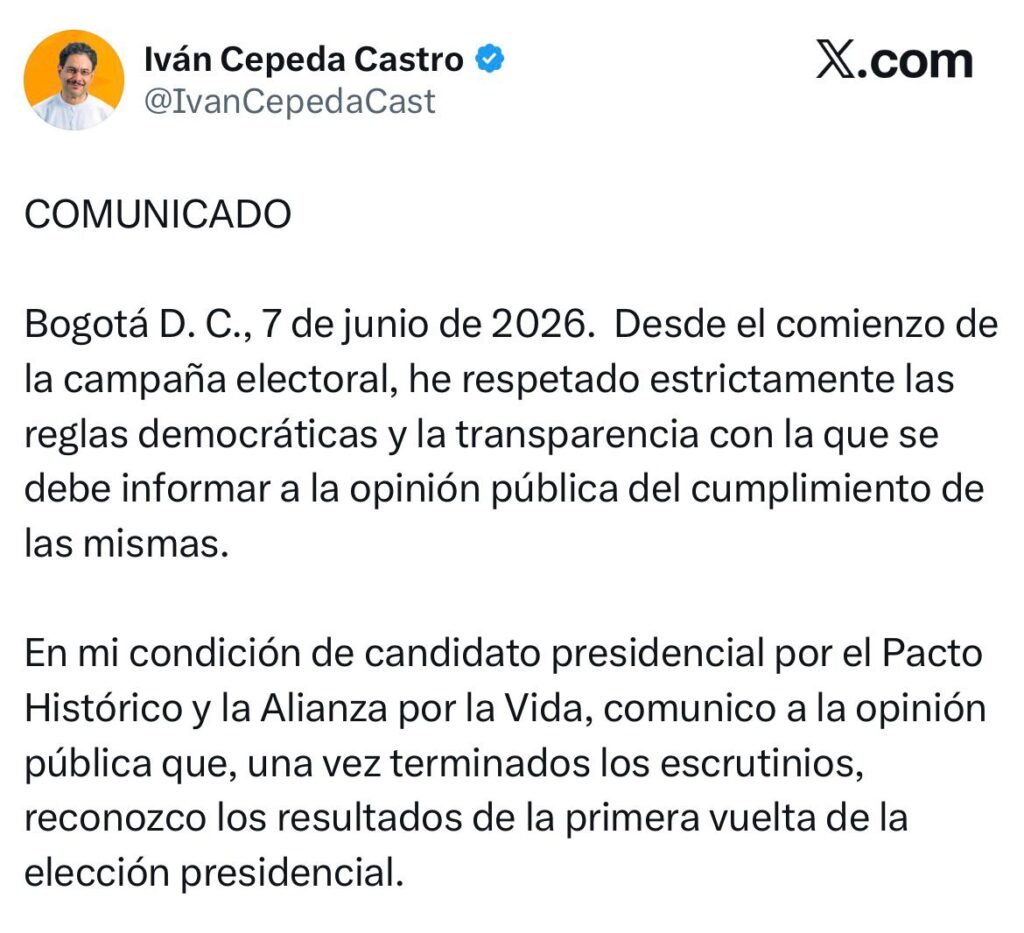 Iván Cepeda reconoce resultados de primera vuelta tras finalizar escrutinios en Colombia cominicado