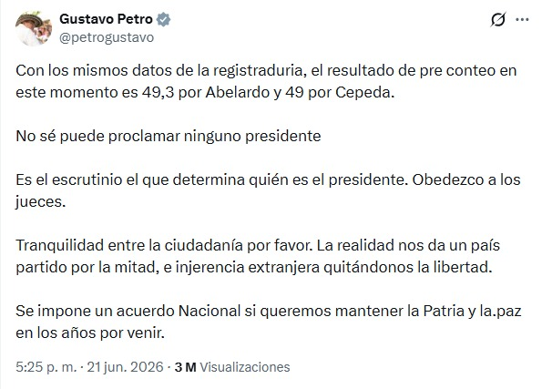 Gustavo Petro se refiere al escrutinio oficial en Colombia y llama a respetar el proceso democrático Gustavo Petro se refiere al escrutinio oficial en Colombia y llama a respetar el proceso democrático | RTA Noticias