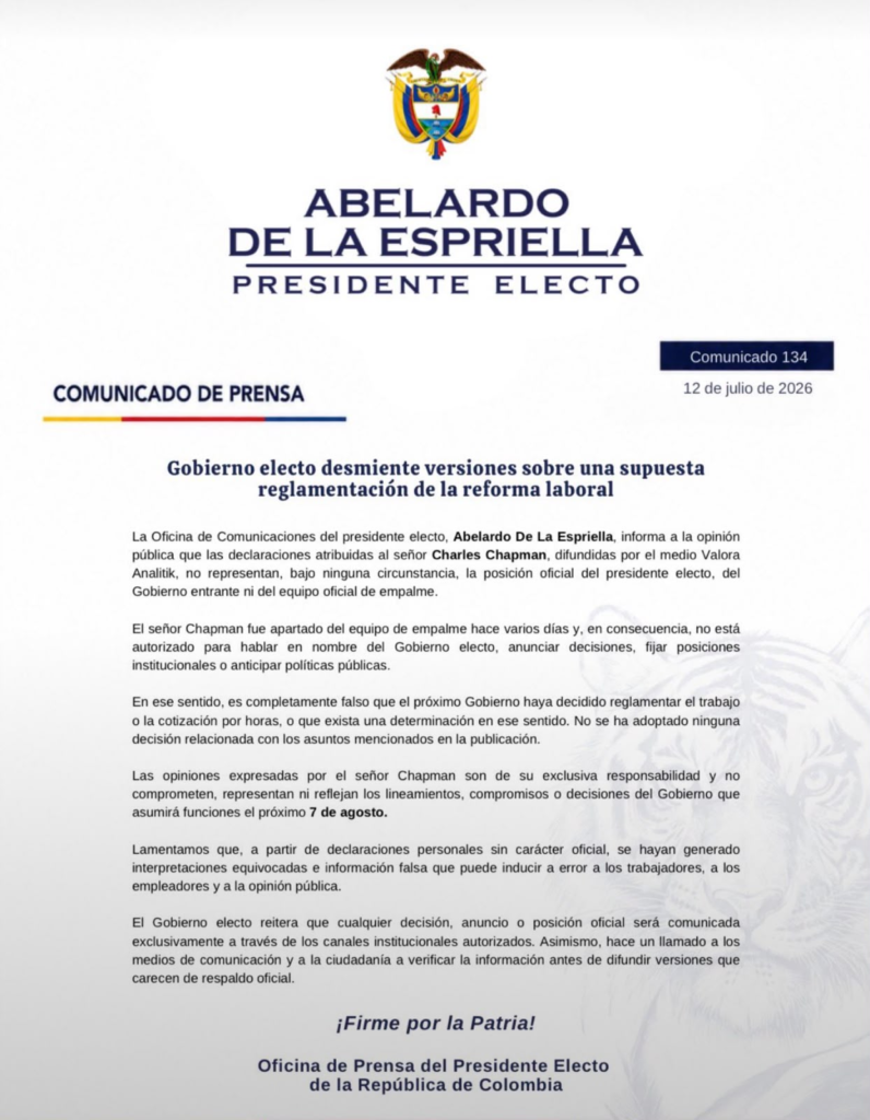 Comunicado del gobierno electo de Abelardo de la Espriella descarta reglamentación del trabajo por horas Comunicado del gobierno electo de Abelardo de la Espriella descarta reglamentación del trabajo por horas | RTA Noticias