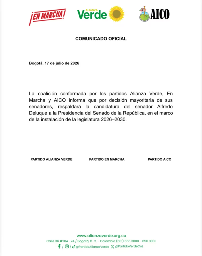 Alfredo Deluque recibe respaldo de la Alianza Verde, En Marcha y AICO para la Presidencia del Senado Alfredo Deluque recibe respaldo de la Alianza Verde, En Marcha y AICO para la Presidencia del Senado | RTA Noticias