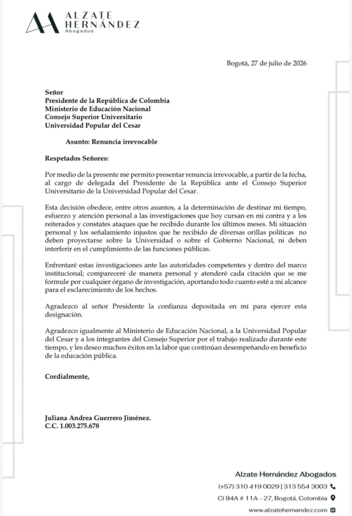 Juliana Guerrero delegada presidencial ante la UPC presentó renuncia irrevocable | RTA Noticias