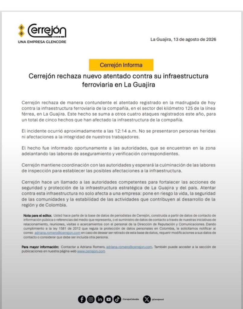 Cerrejón rechaza nuevo atentado contra su infraestructura ferroviaria en La Guajira Cerrejón rechaza nuevo atentado contra su infraestructura ferroviaria en La Guajira | RTA Noticias
