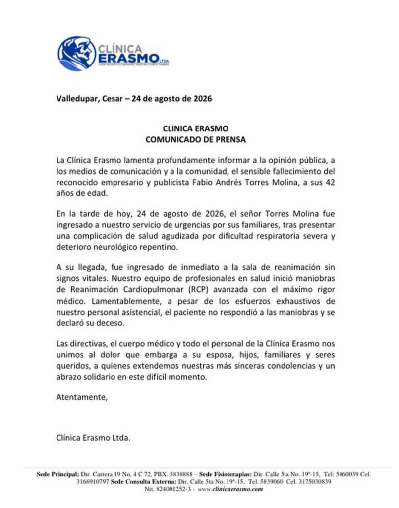 Falleció el publicista y empresario Fabio Torres Molina en Valledupar Falleció el publicista y empresario Fabio Torres Molina en Valledupar | RTA Noticias