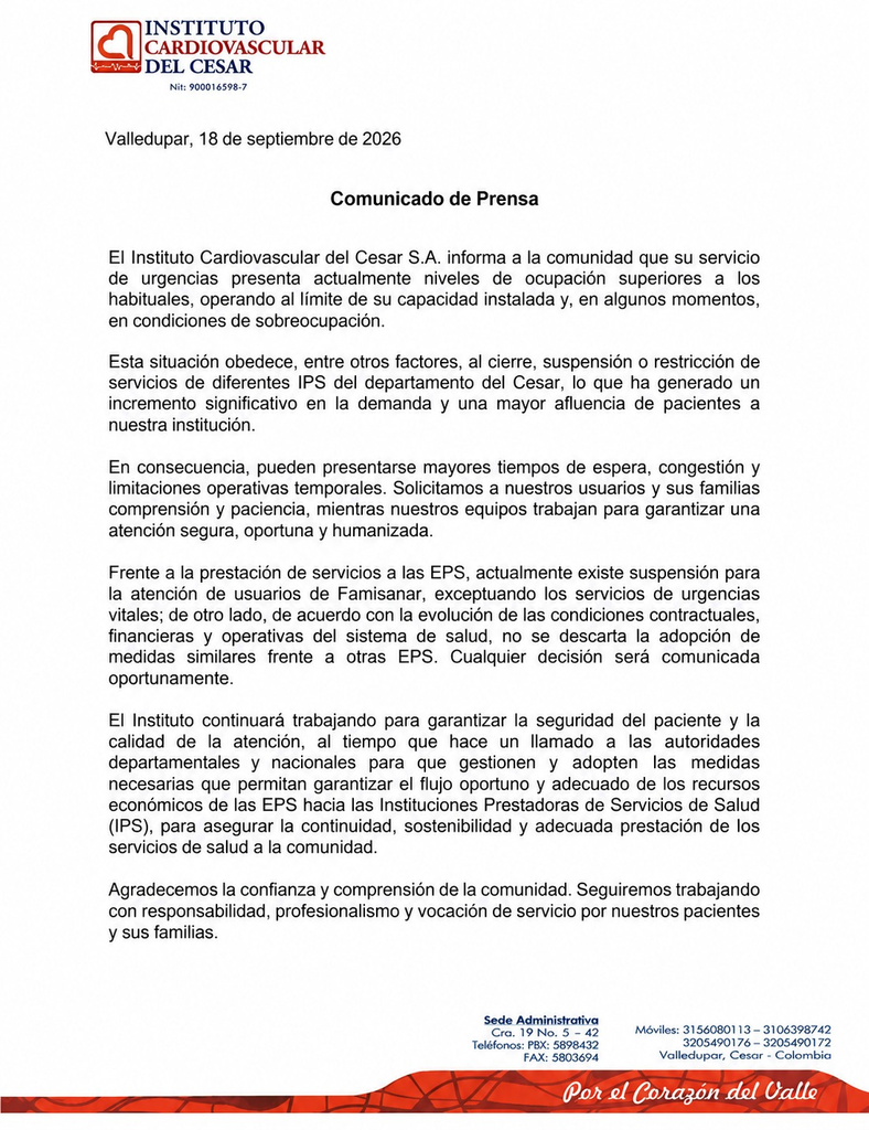 Urgencias del Instituto Cardiovascular del Cesar opera al límite por aumento de pacientes Urgencias del Instituto Cardiovascular del Cesar opera al límite por aumento de pacientes | RTA Noticias