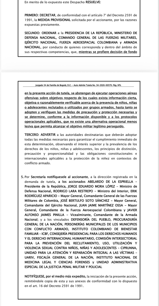 Juzgado de Bogotá ordena al Gobierno abstenerse de bombardear zonas con menores reclutados Juzgado de Bogotá ordena al Gobierno abstenerse de bombardear zonas con menores reclutados | RTA Noticias