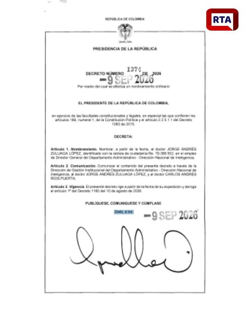 El presidente nombra a Jorge Zuluaga como director de la DNI en Colombia El presidente nombra a Jorge Zuluaga como director de la DNI en Colombia | RTA Noticias