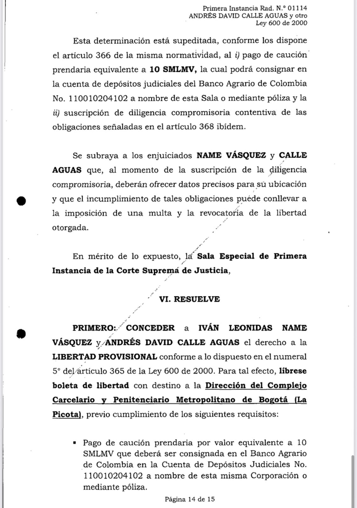 Corte Suprema concede libertad a Iván Name y Andrés Calle por vencimiento de términos Corte Suprema concede libertad a Iván Name y Andrés Calle por vencimiento de términos | RTA Noticias