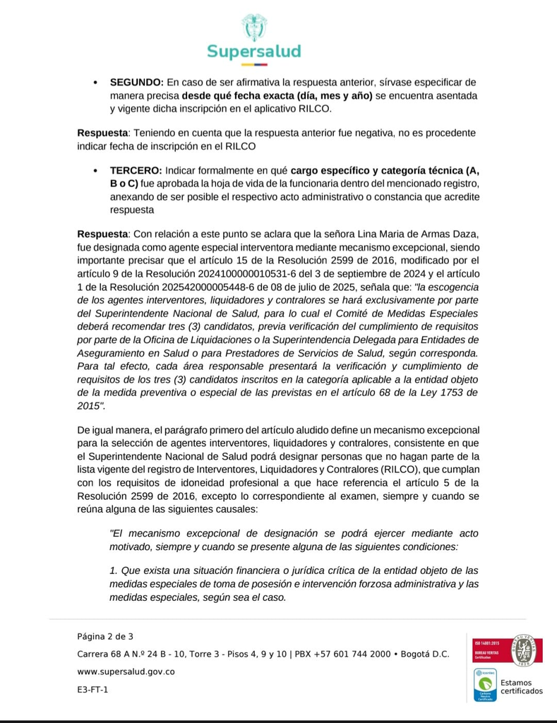 Supersalud confirma que Lina de Armas no hacía parte de la lista de elegibles Supersalud confirma que Lina de Armas no hacía parte de la lista de elegibles | RTA Noticias