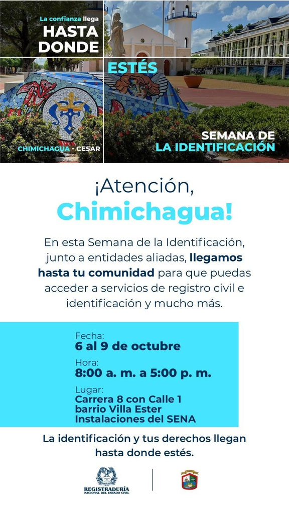 Semana de la Identificación de la Registraduría llegará a Chimichagua, Cesar, del 6 al 9 de octubre Semana de la Identificación de la Registraduría llegará a Chimichagua, Cesar, del 6 al 9 de octubre | RTA Noticias