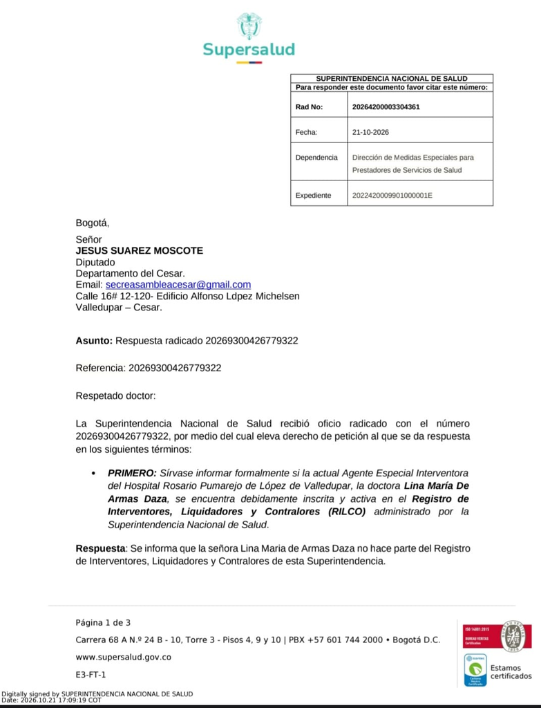 Supersalud confirma que Lina de Armas no hacía parte de la lista de elegibles Supersalud confirma que Lina de Armas no hacía parte de la lista de elegibles | RTA Noticias