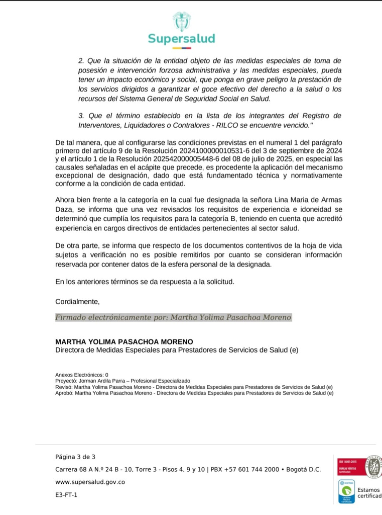 Supersalud confirma que Lina de Armas no hacía parte de la lista de elegibles Supersalud confirma que Lina de Armas no hacía parte de la lista de elegibles | RTA Noticias