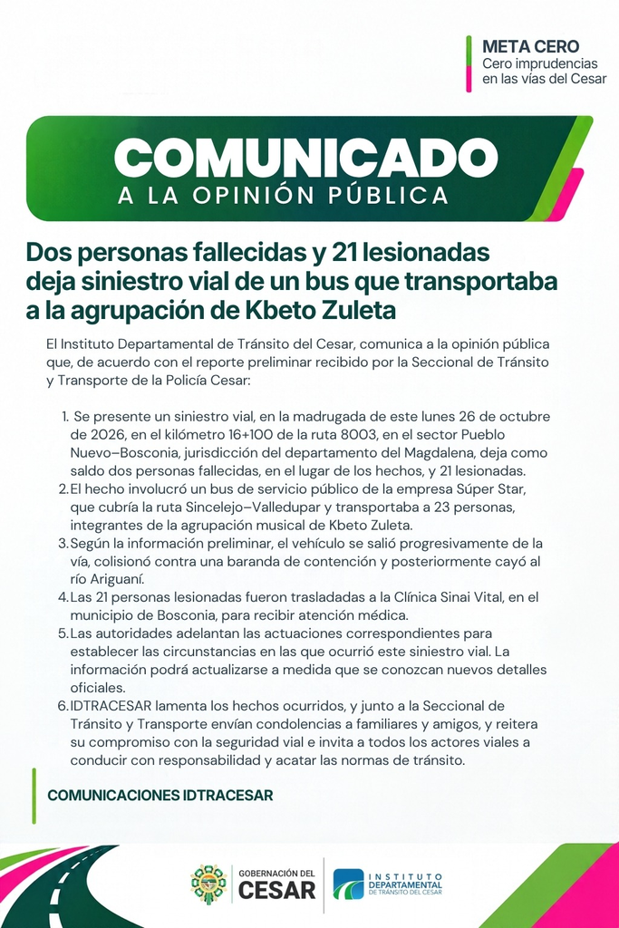 Tránsito entregó detalles preliminares del accidente del bus que transportaba a Kbeto Zuleta Tránsito entregó detalles preliminares del accidente del bus que transportaba a Kbeto Zuleta | RTA Noticias